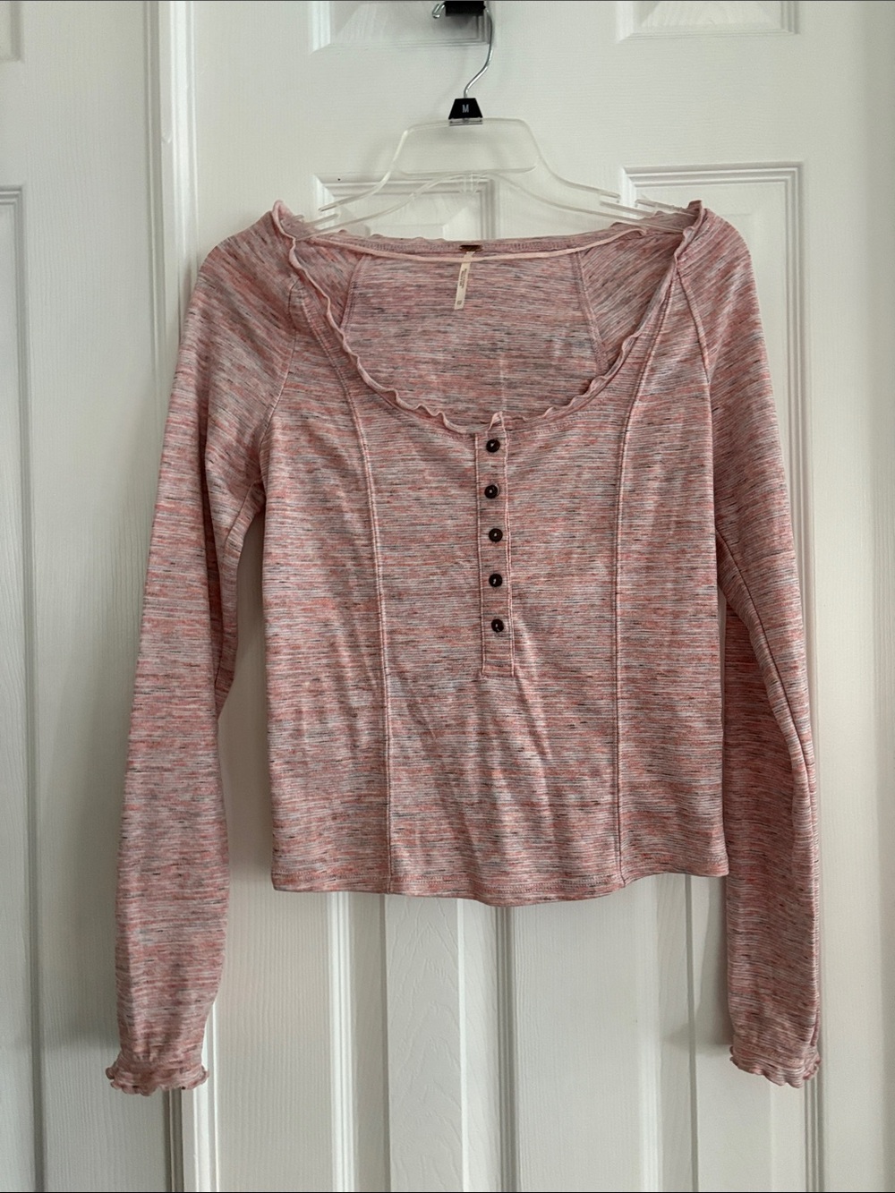 Free People Pink multicolor Long Sleeve crop Henley Top ruffle trim Women’s XS